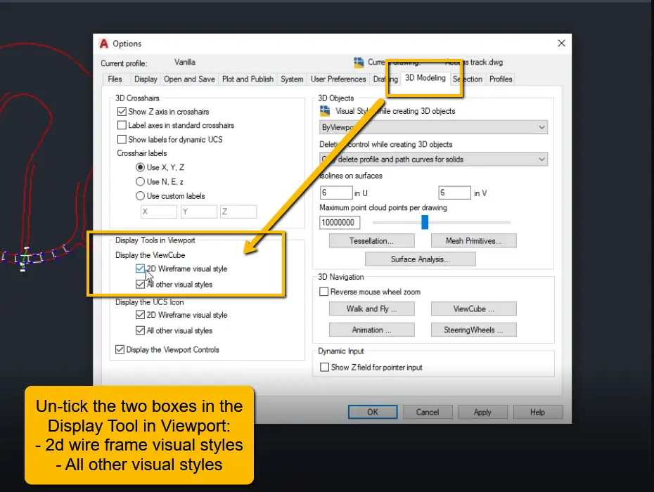 Autocad unselect tick boxes to turn off viewcube 210327