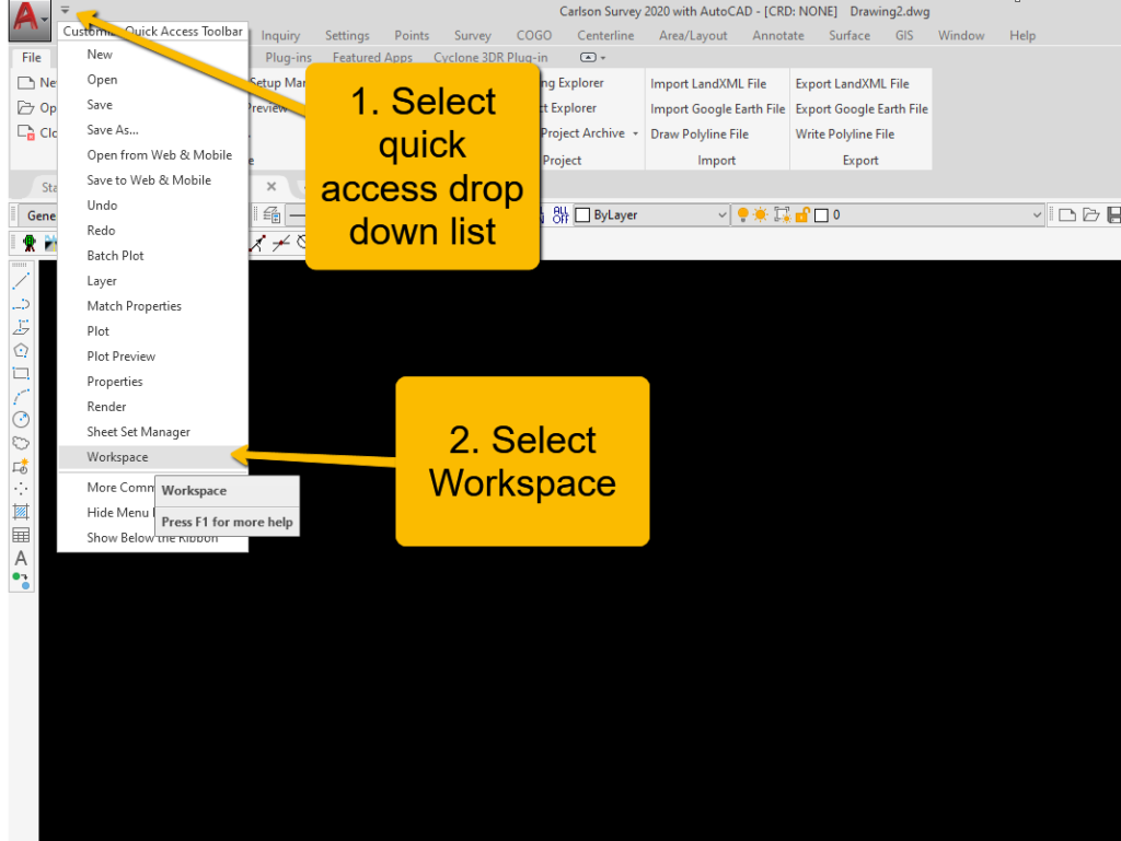 Autocad workspace selection step 2