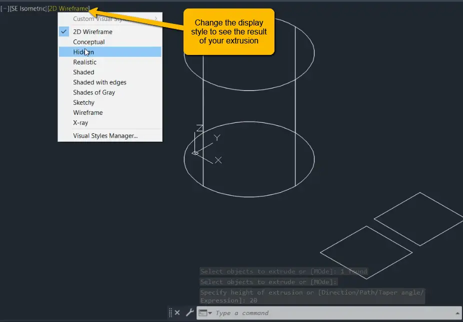 Step 5 how to extrude in autocad change the display style