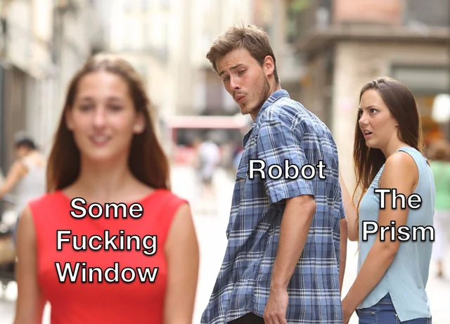 surveying meme robot and glass window