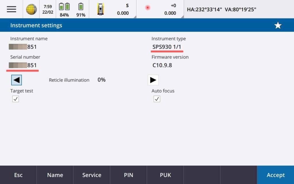 230224 Instrument settings showing the Trimble total station serial number