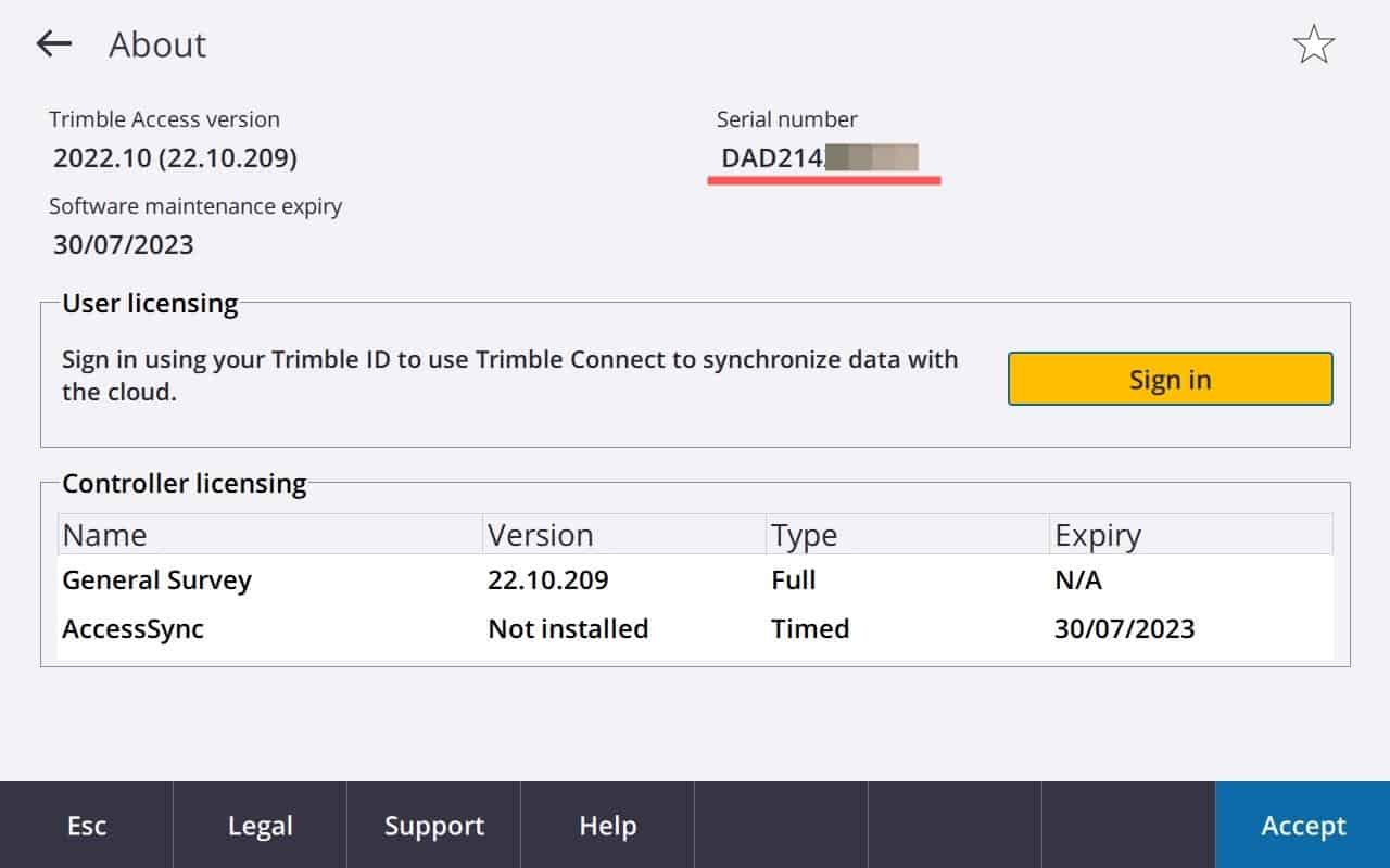 230224 The about page will show the serial number of the Trimble TSC7 controller