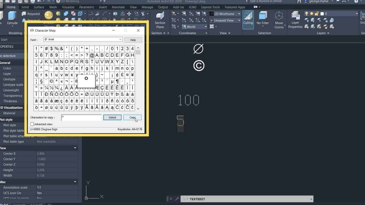 230227 Autocad find and copy degree symbol