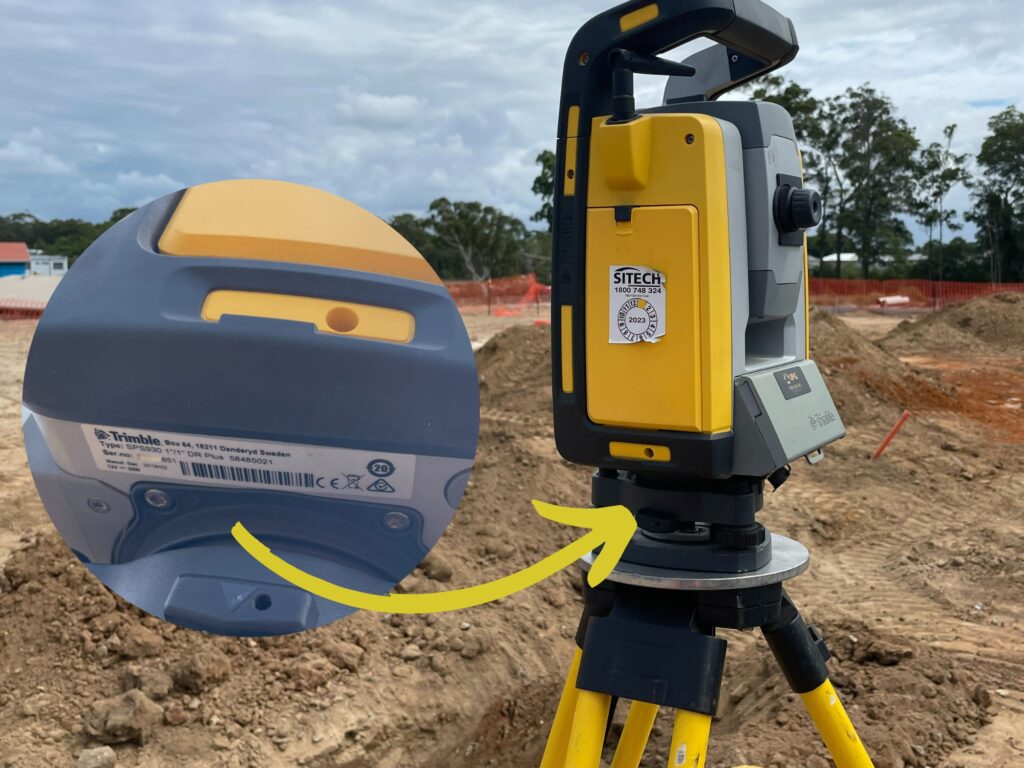 Where to find serial number on Trimble total station sticker