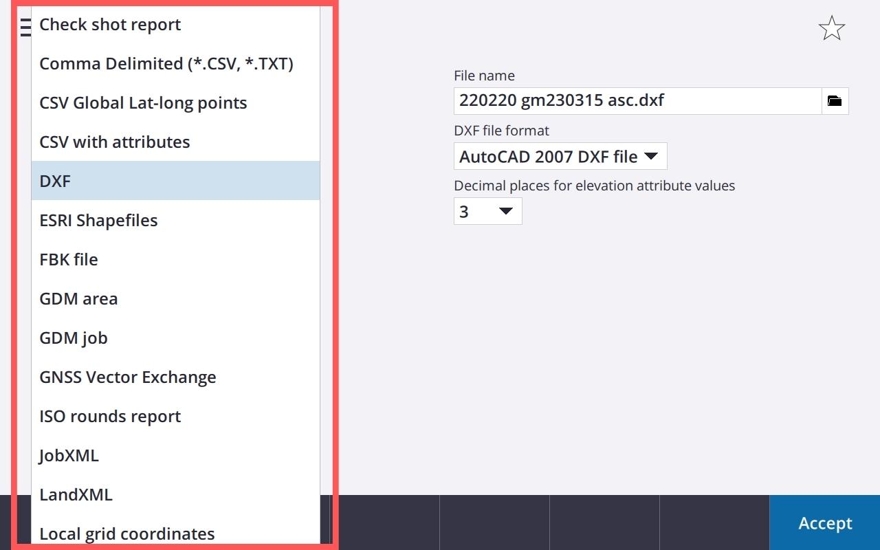 230318 Trimble TSC7 Export CSV Step 5 select file type from list