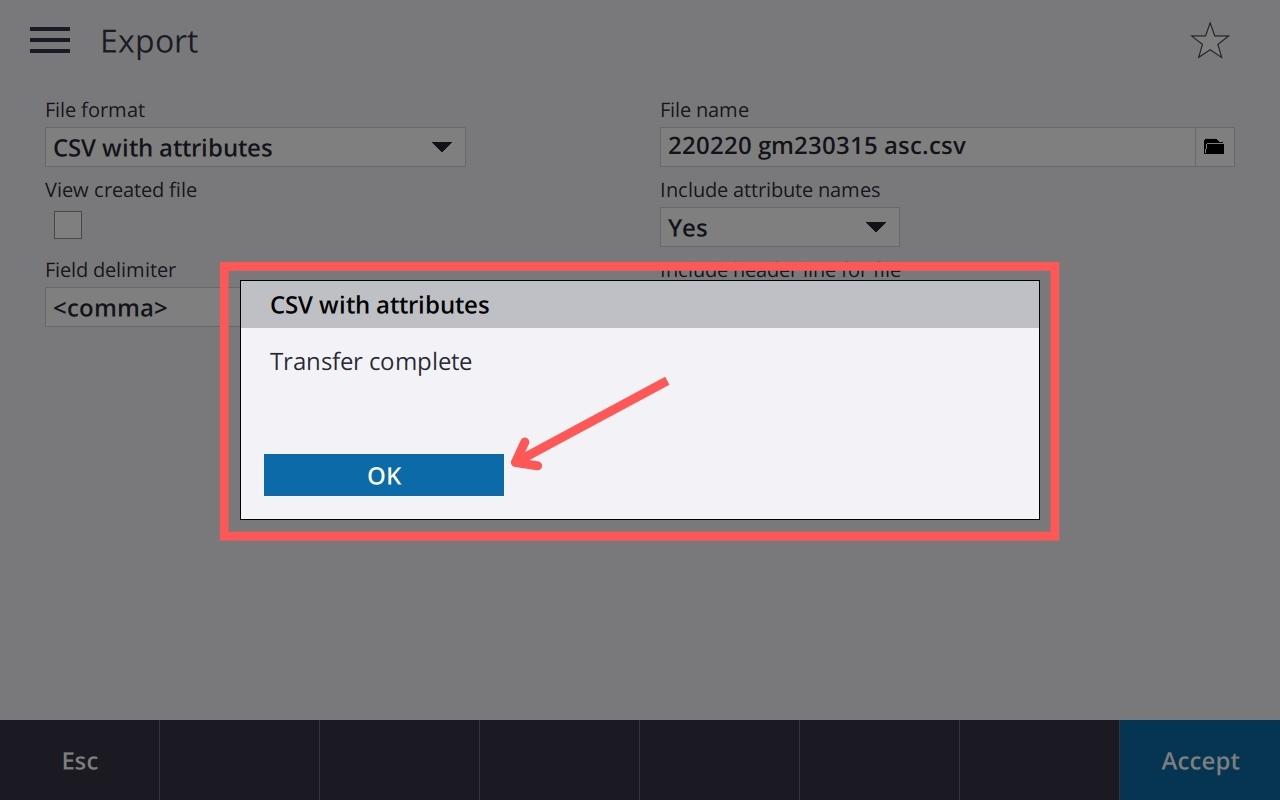 230318 Trimble TSC7 Export CSV Step 8 CSV export complete 1