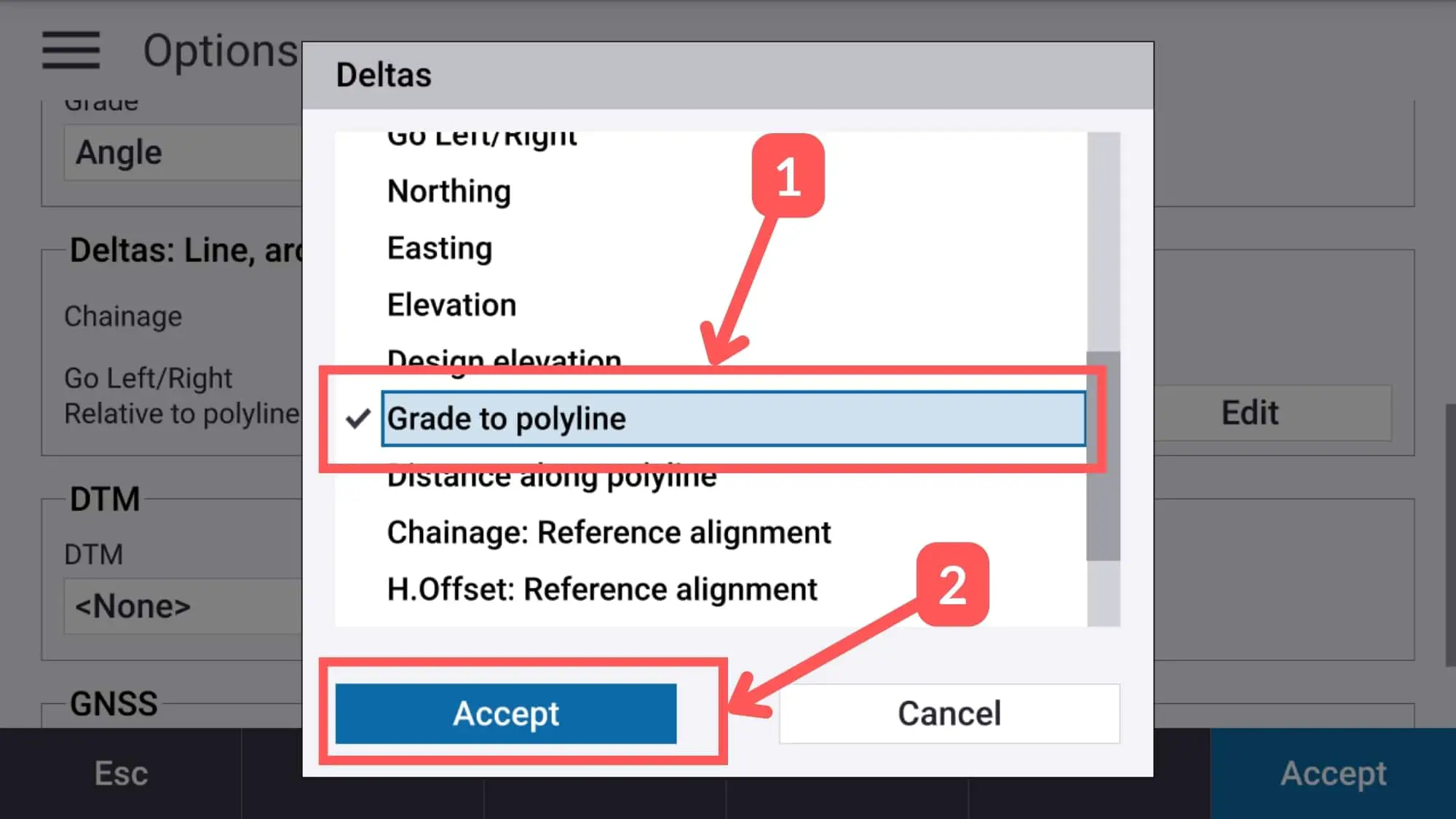 Select grade to line or polyline to display on the tsc5 1